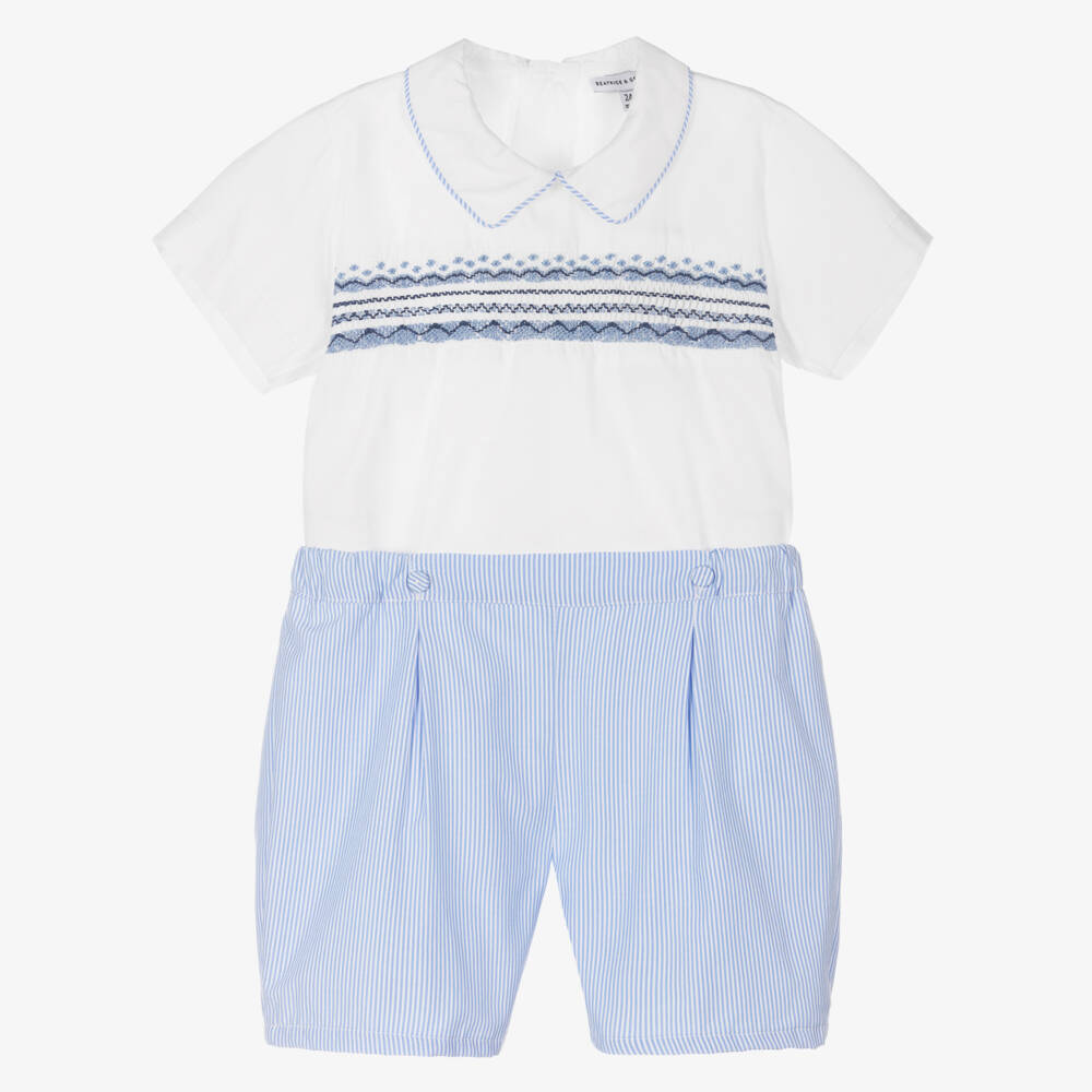 Beatrice & George-Boys Blue Hand-Embroidered Cotton Suit | Childrensalon Outlet