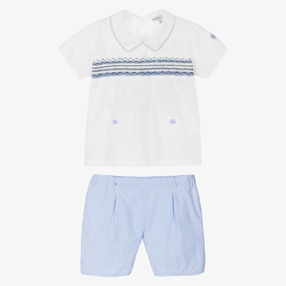 Beatrice & George-Boys Blue Hand-Embroidered Cotton Suit | Childrensalon Outlet