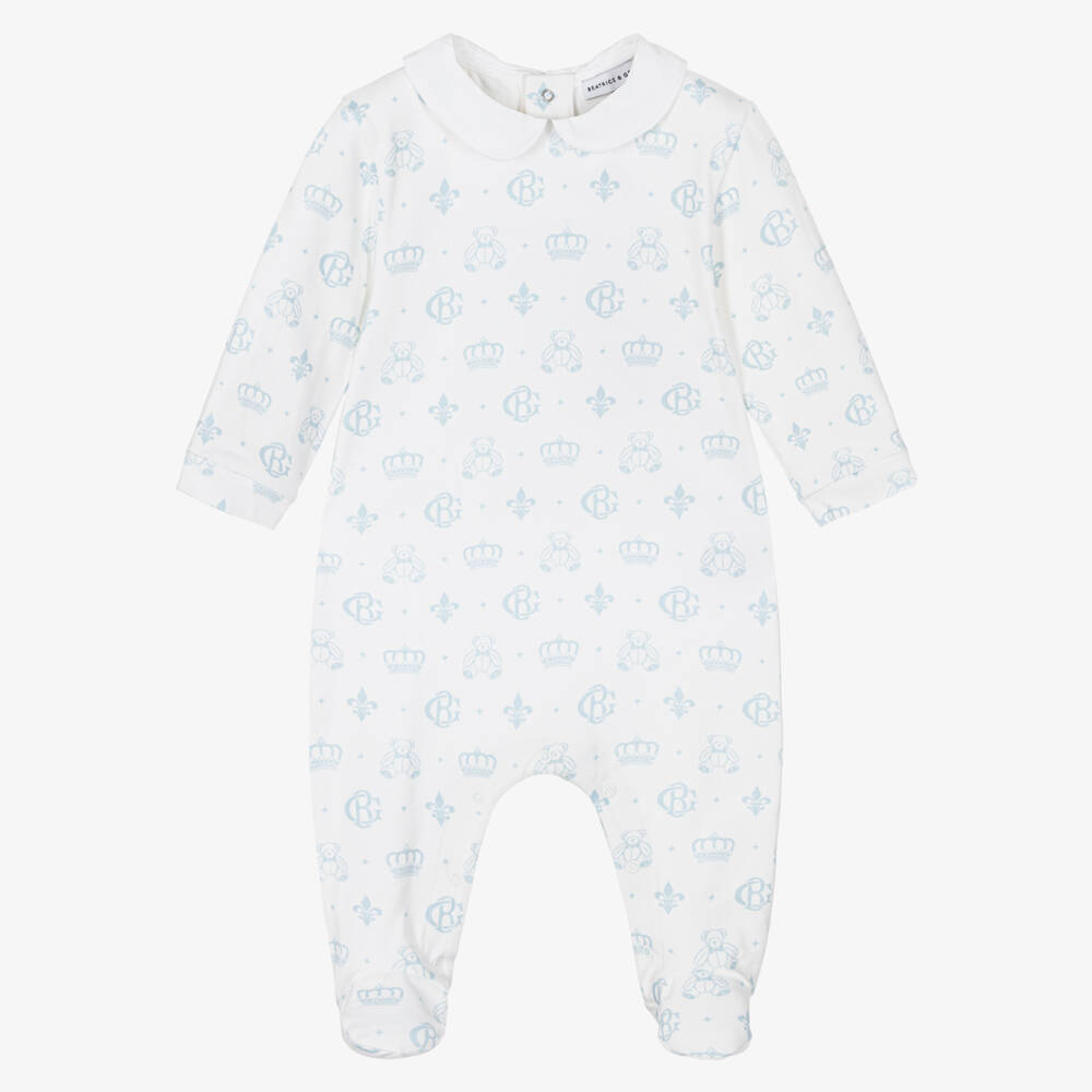 Beatrice & George-Boys Blue Monogram Cotton Sleepsuit | Childrensalon Outlet