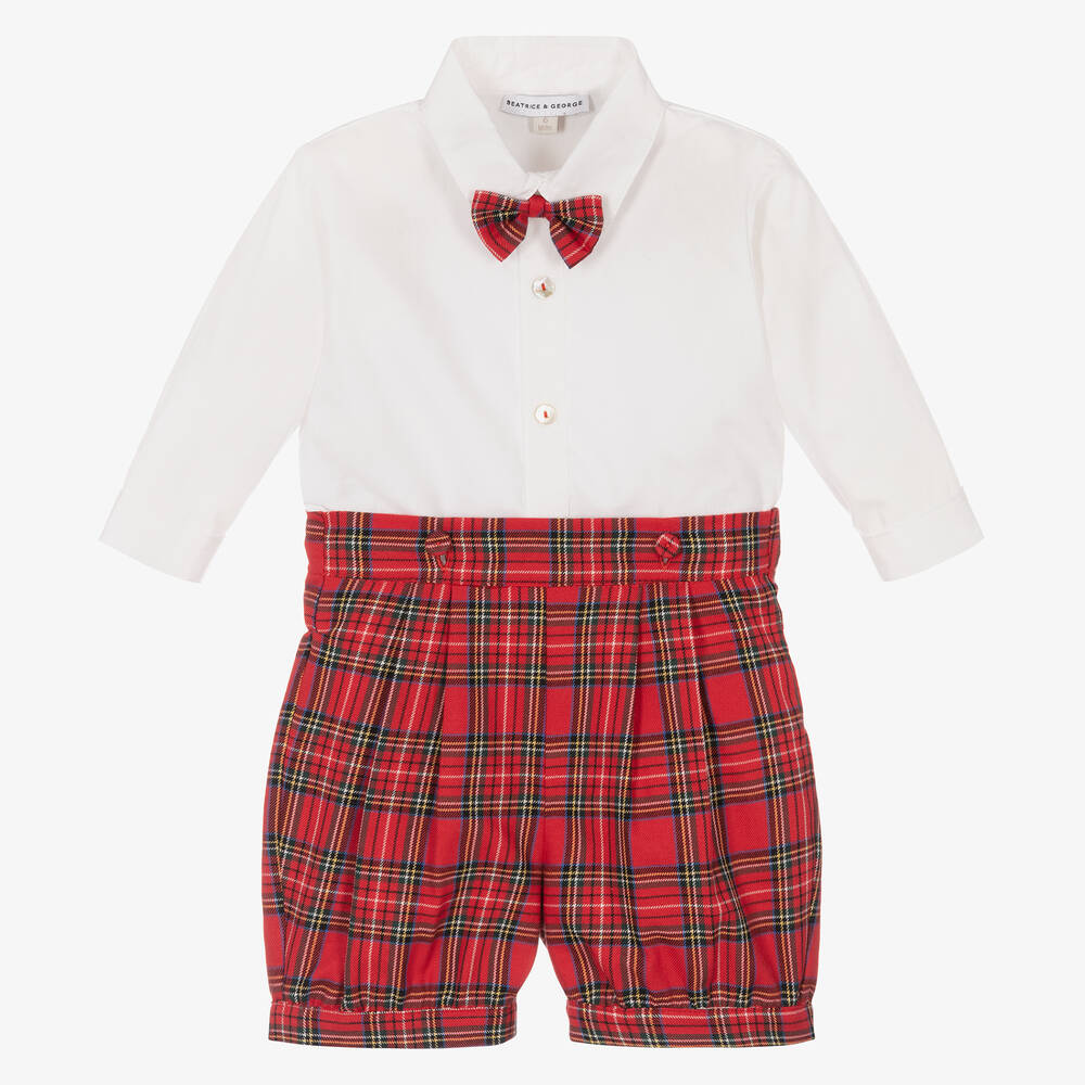 بياتريس آند جورج-بدلة رسمية أطفال ولادي قطن تارتان لون أحمر و أزرق | Childrensalon Outlet