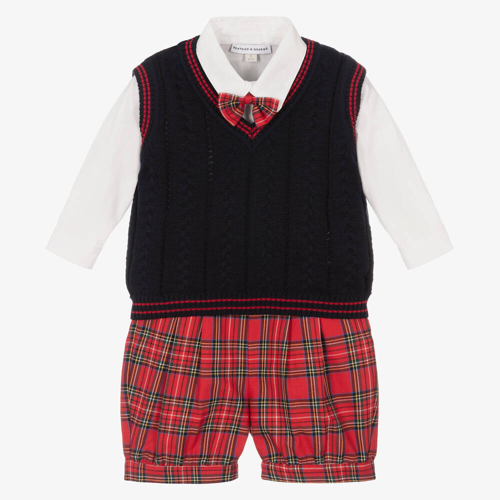 Beatrice & George-Boys Blue & Red Tartan Buster Suit Set | Childrensalon Outlet