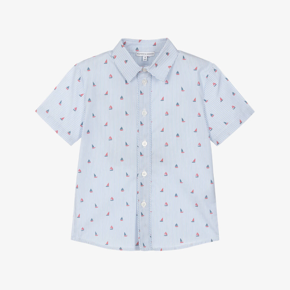 Beatrice & George-قميص أزرق مخطط للأولاد بنقشة القارب الشراعي | Childrensalon Outlet