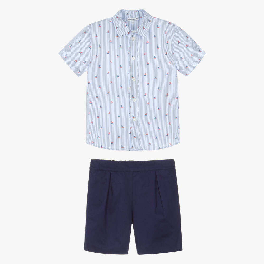 Beatrice & George-Boys Blue Stripe Cotton Sailing Boat Shorts Set | Childrensalon Outlet