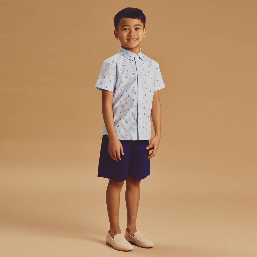 Beatrice & George-Boys Blue Stripe Cotton Sailing Boat Shorts Set | Childrensalon Outlet