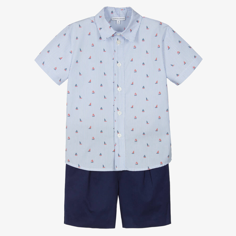 Beatrice & George-Boys Blue Stripe Cotton Sailing Boat Shorts Set | Childrensalon Outlet