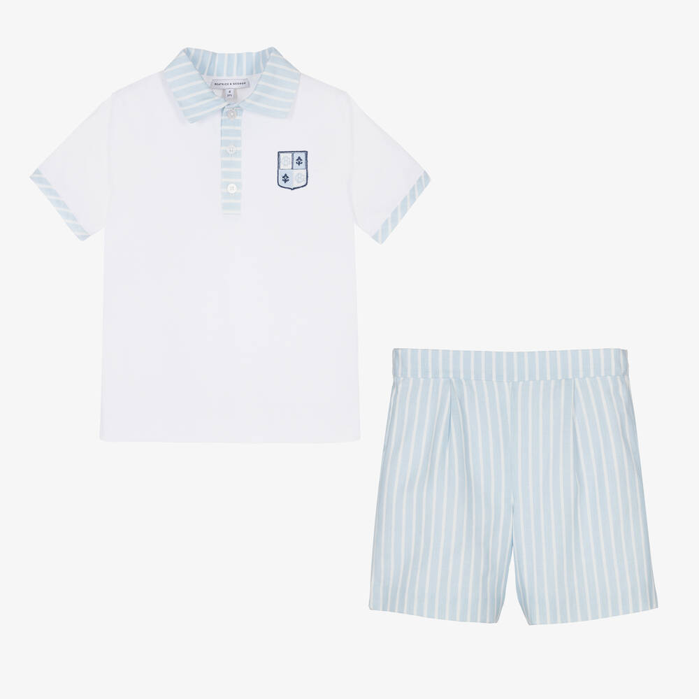 Beatrice & George-Boys Blue Stripe Linen & Cotton Shorts Set | Childrensalon Outlet