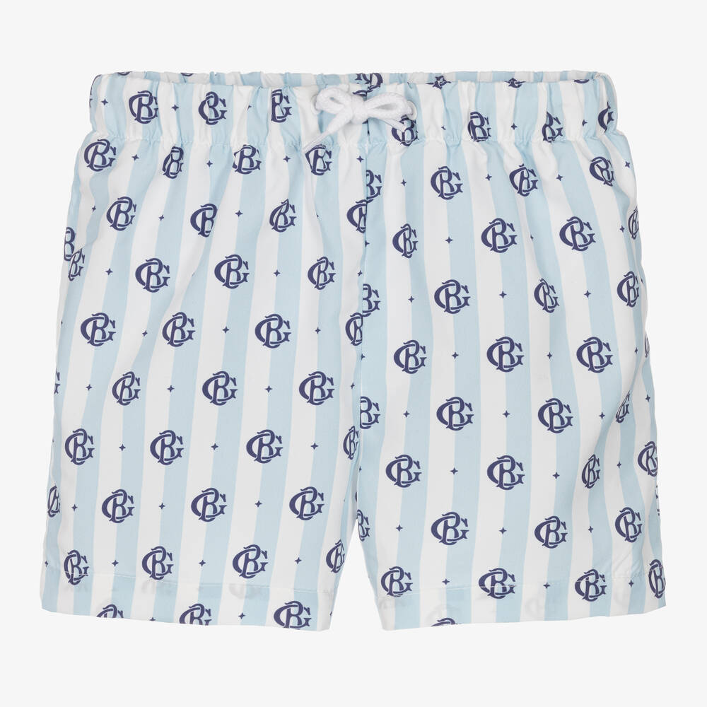 Beatrice & George-Boys Blue Stripe Monogram Swim Shorts | Childrensalon Outlet