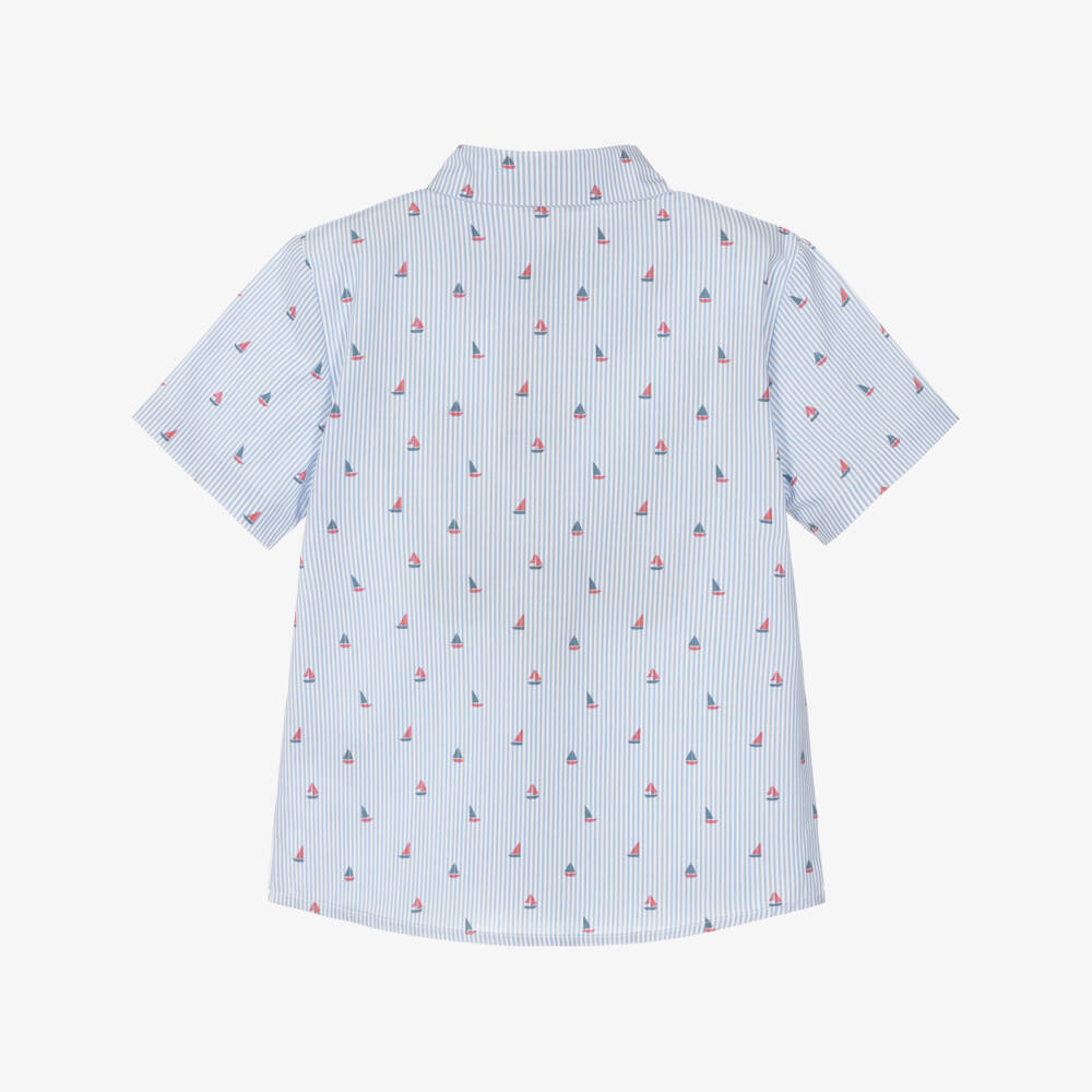 Beatrice & George-قميص أزرق مخطط للأولاد بنقشة القارب الشراعي | Childrensalon Outlet