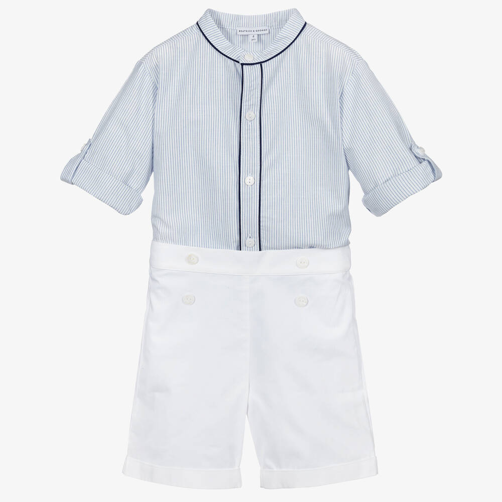 Beatrice & George-Boys Blue & White Cotton Shorts Set | Childrensalon Outlet