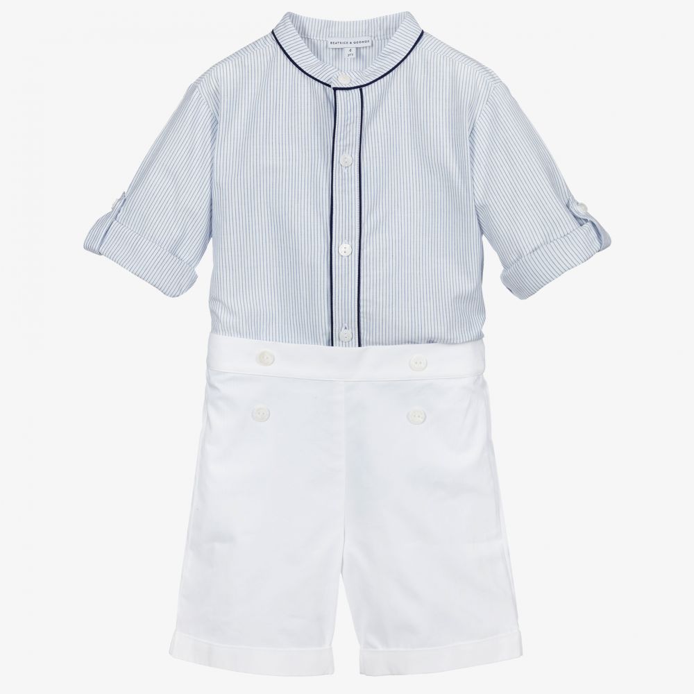 Beatrice & George - طقم شورت وقميص مزيج قطن وفيسكوز لون أزرق وأبيض | Childrensalon