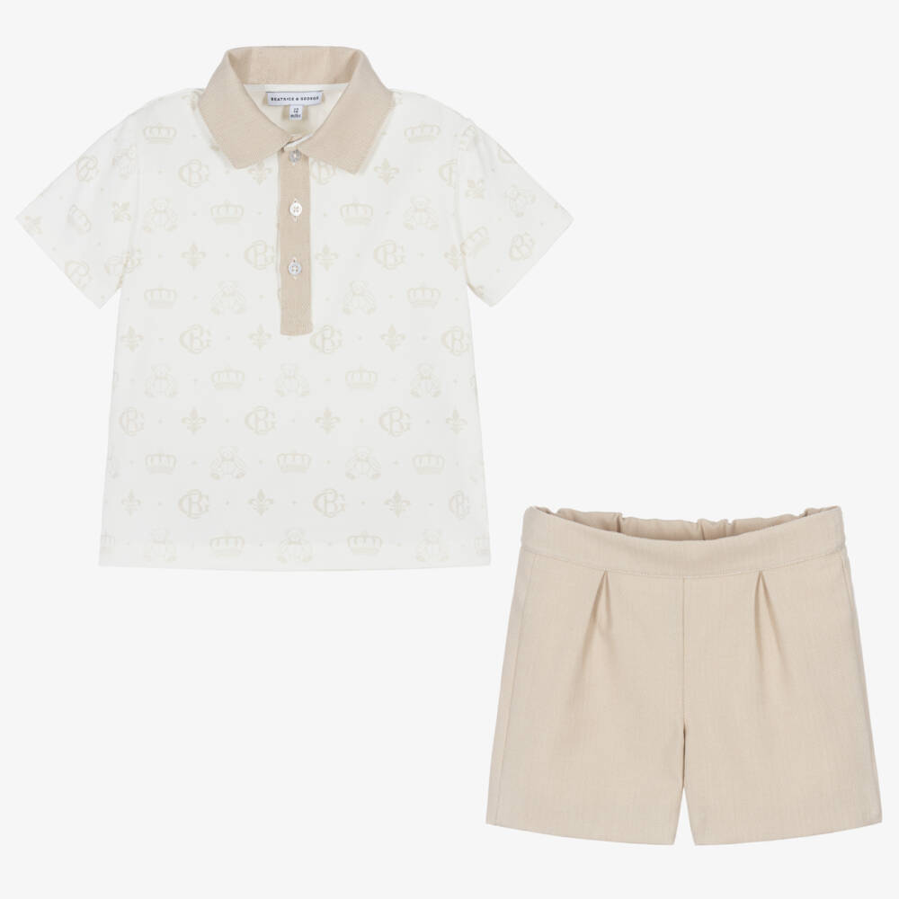 Beatrice & George-Boys Creamy Monogrammed Polo Set | Childrensalon Outlet