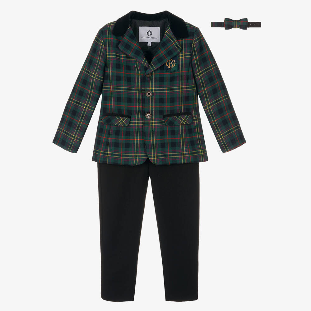 Beatrice & George-Boys Green & Black Cotton Tartan Suit | Childrensalon Outlet