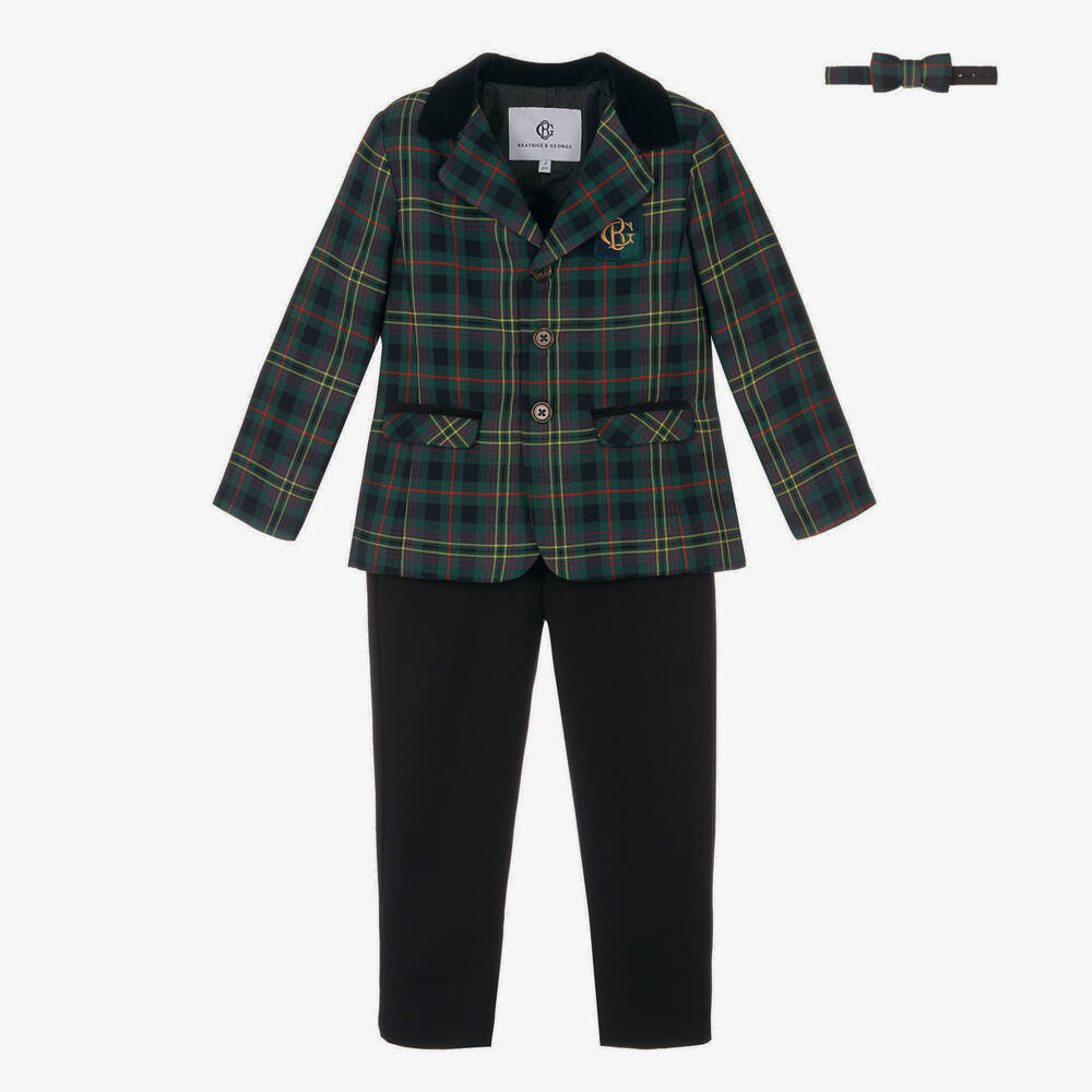 Beatrice & George-Boys Green & Black Cotton Tartan Suit | Childrensalon Outlet