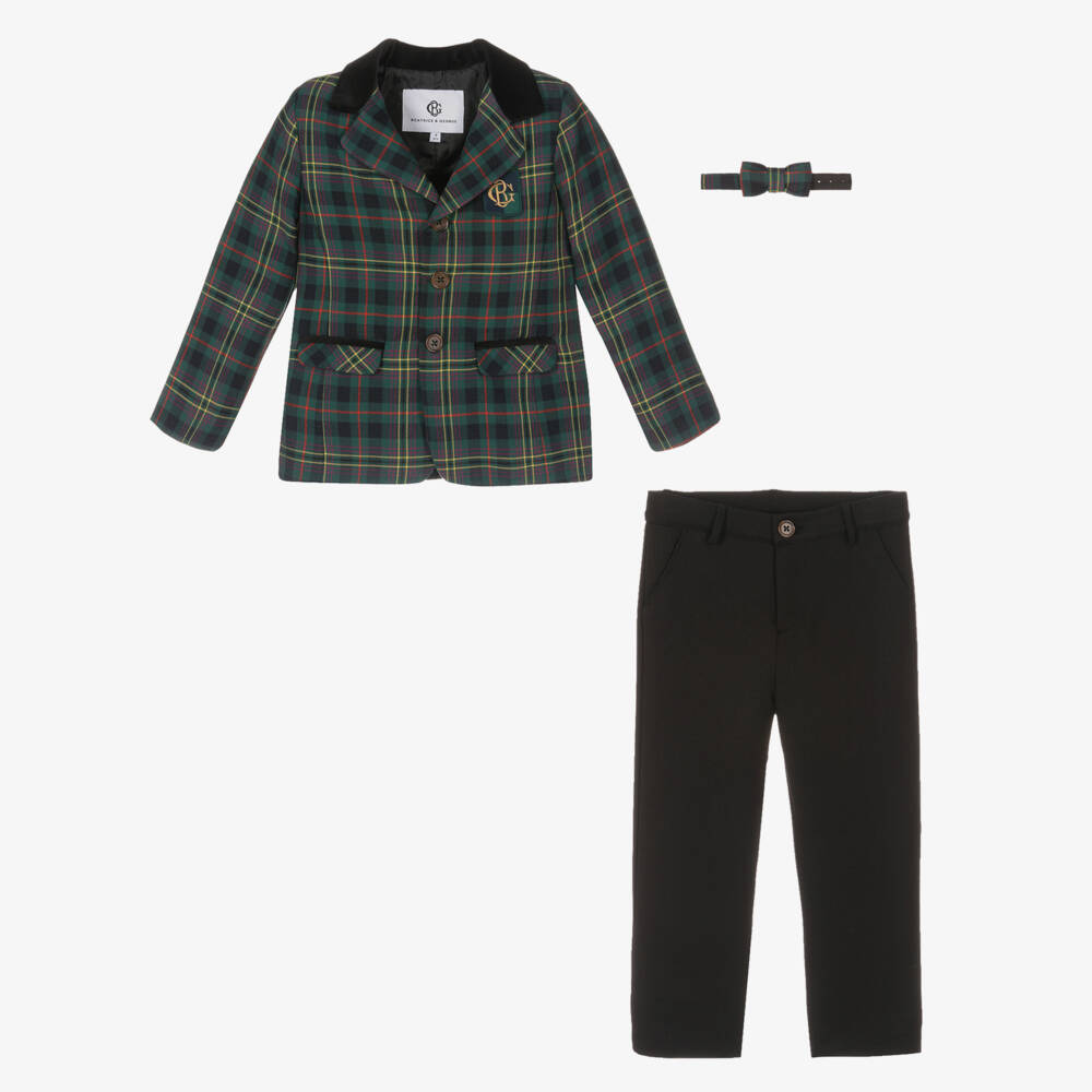 Beatrice & George-Boys Green & Black Cotton Tartan Suit | Childrensalon Outlet