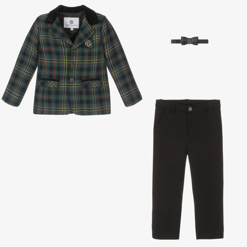 Beatrice & George-Boys Green & Black Cotton Tartan Suit | Childrensalon Outlet