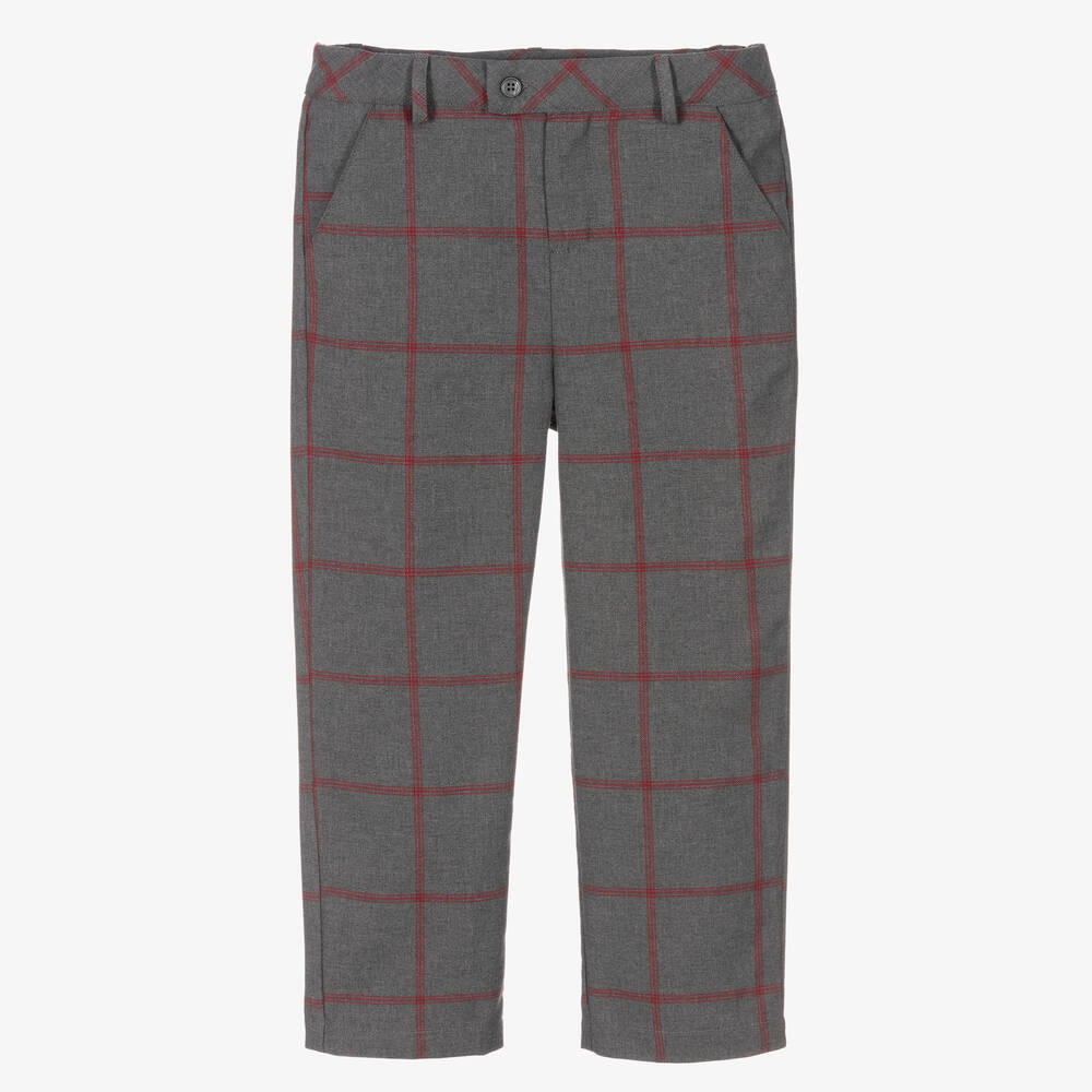 Beatrice & George - Boys Grey Checked Cotton Trousers | Childrensalon