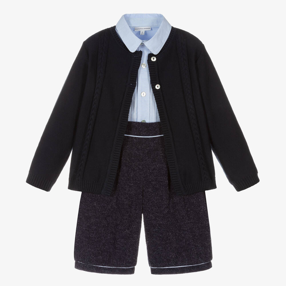 Beatrice & George - Boys Navy Blue Knitted Shorts Set | Childrensalon