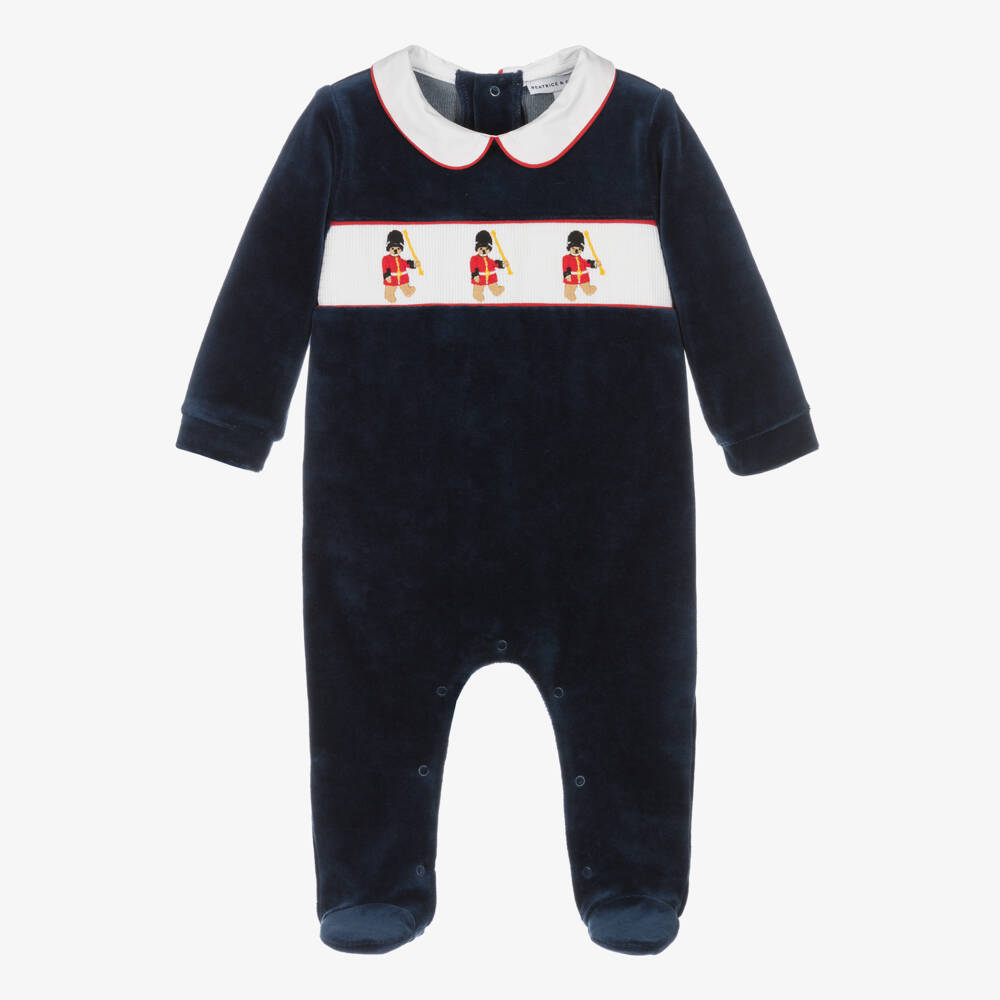Beatrice & George-Boys Navy Velour Smocked Sleepsuit | Childrensalon Outlet