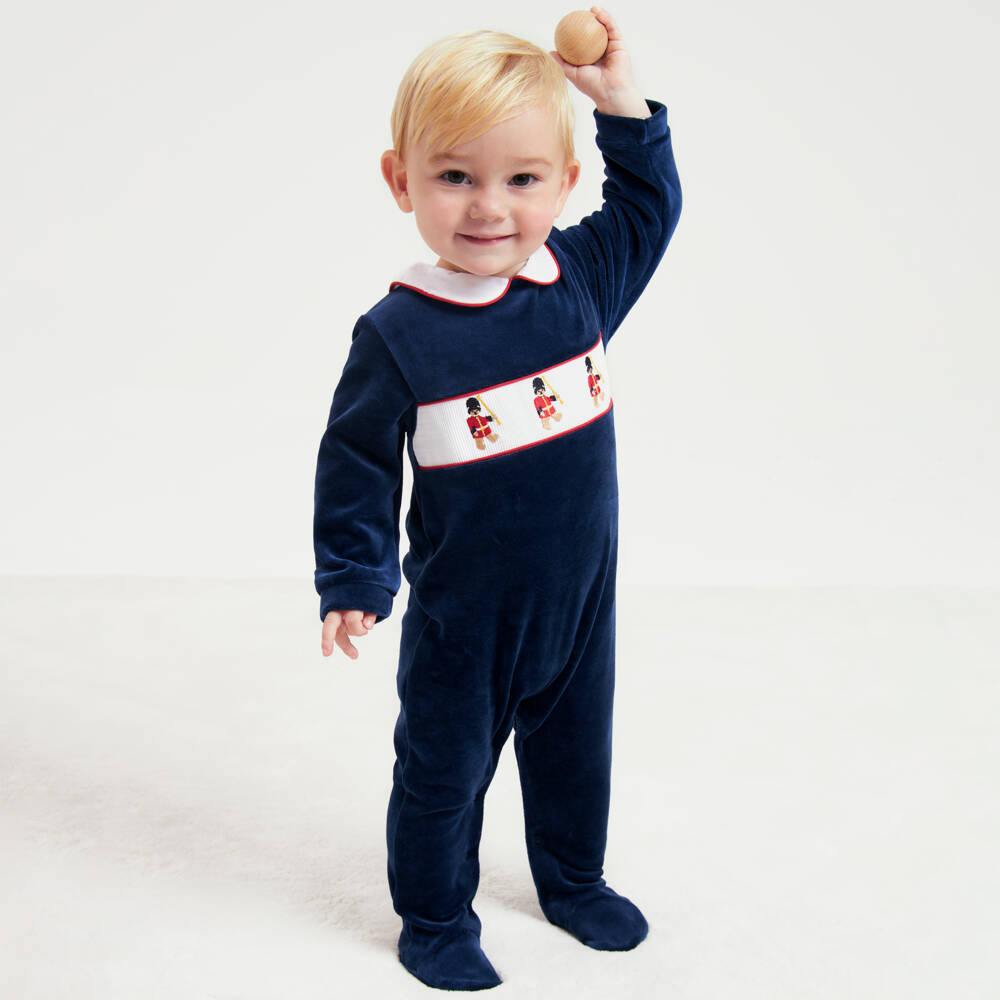 Beatrice & George-Boys Navy Velour Smocked Sleepsuit | Childrensalon Outlet