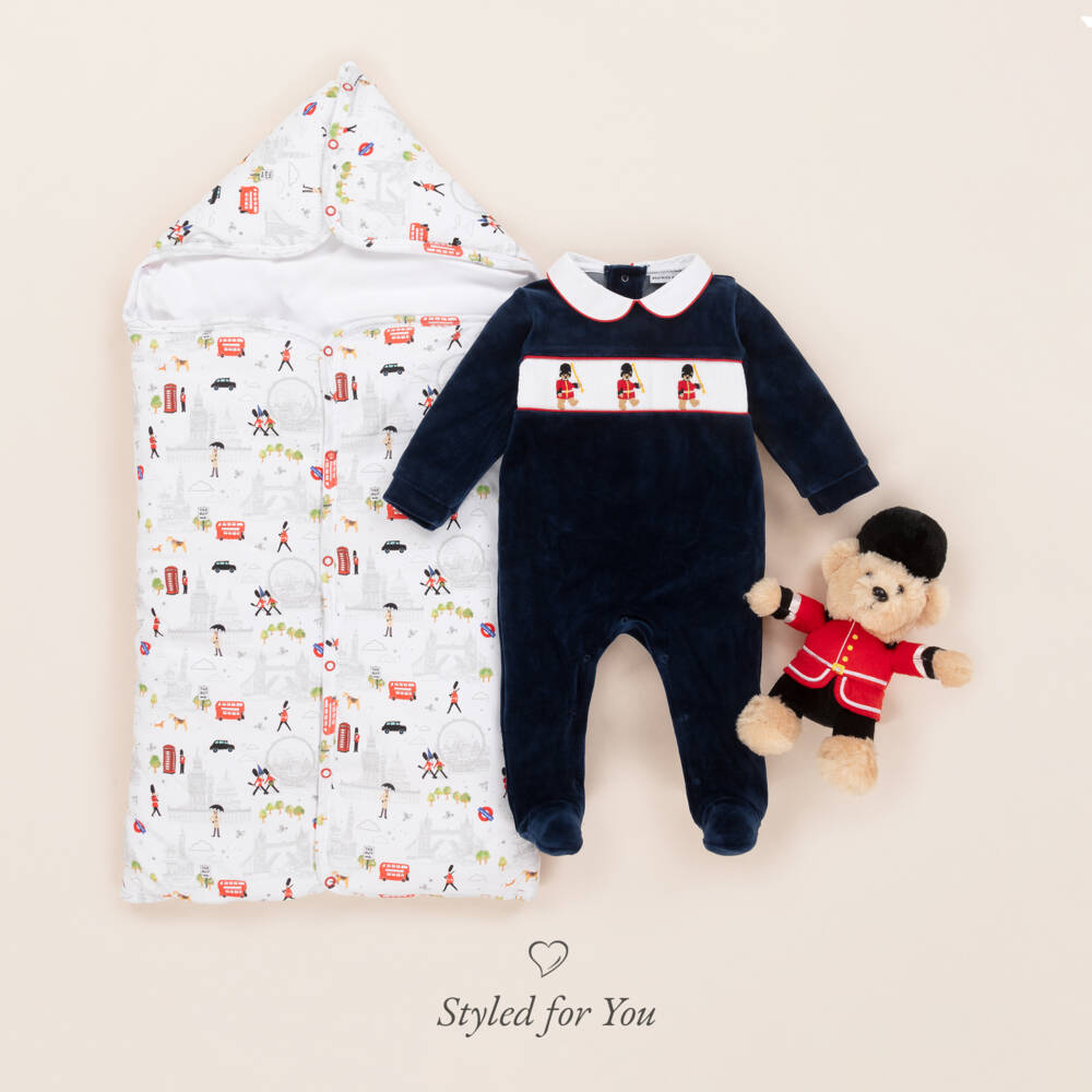 Beatrice & George-Boys Navy Velour Smocked Sleepsuit | Childrensalon Outlet