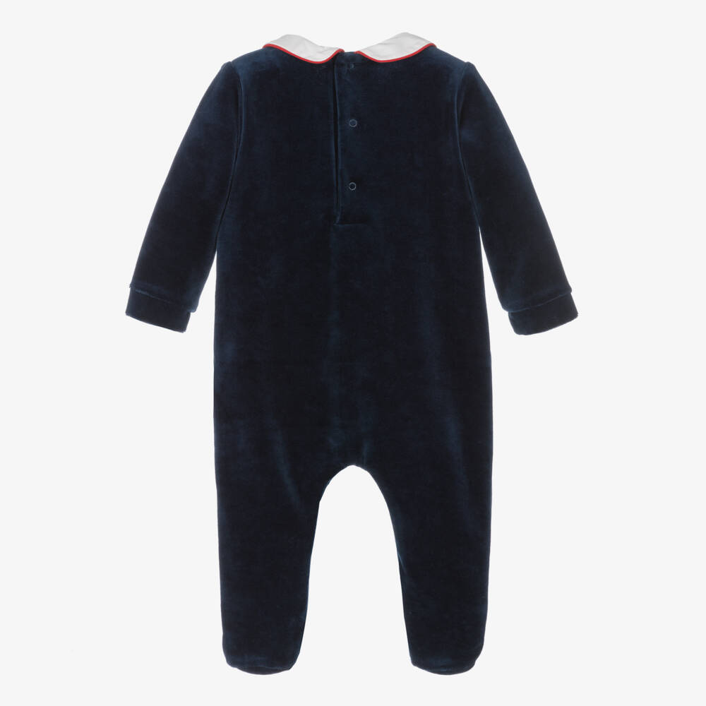 Beatrice & George-Boys Navy Velour Smocked Sleepsuit | Childrensalon Outlet