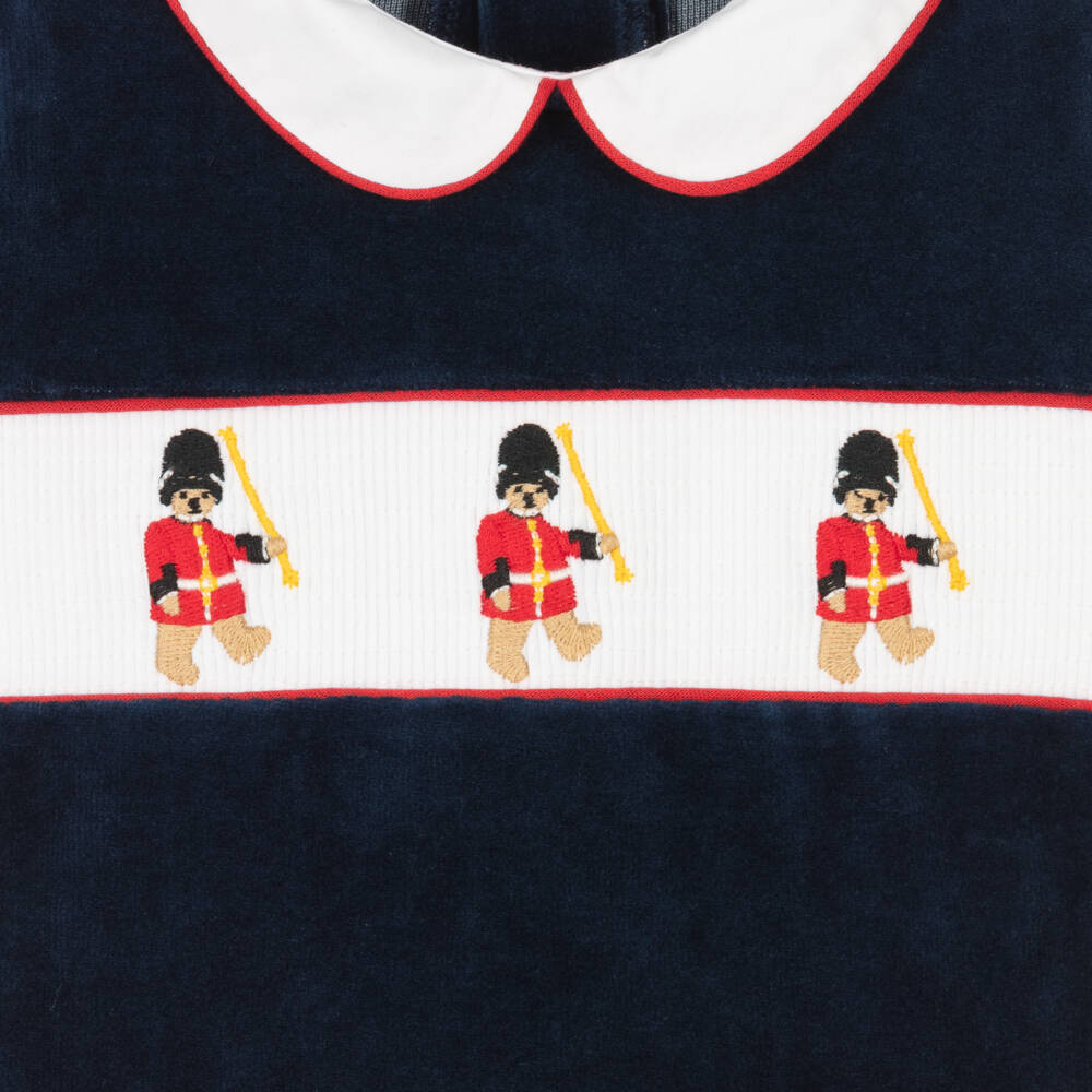 Beatrice & George-Boys Navy Velour Smocked Sleepsuit | Childrensalon Outlet