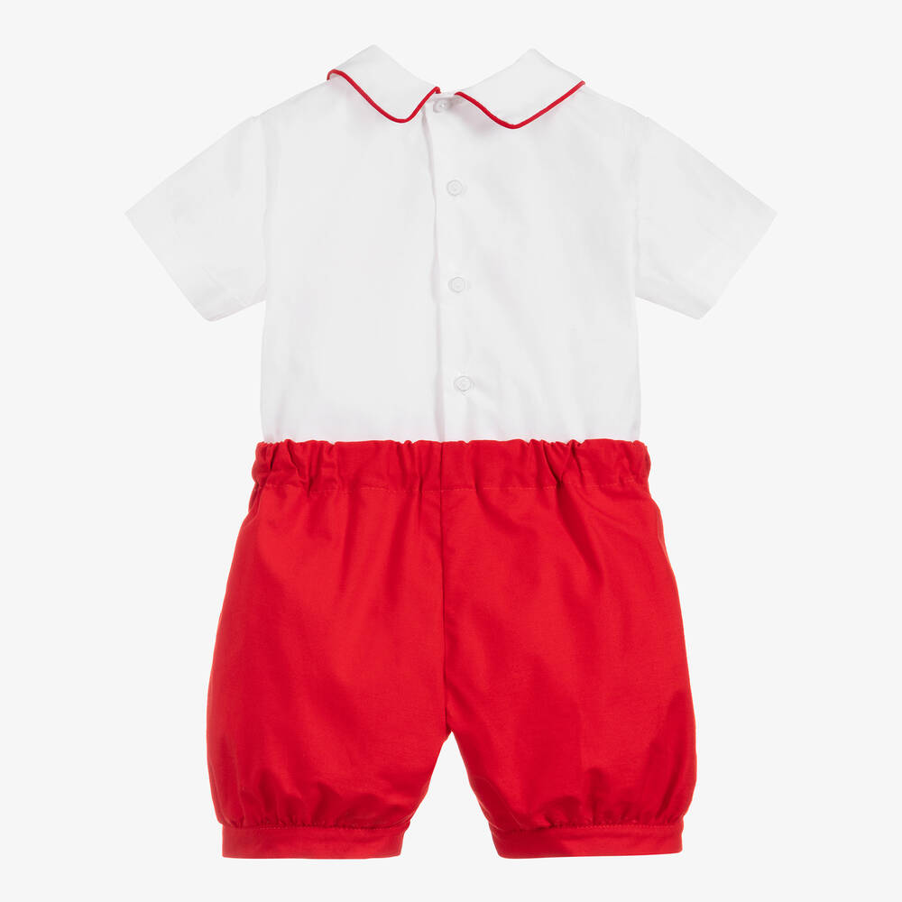 Beatrice & George-Boys Red Hand-Smocked Cotton Buster Suit | Childrensalon Outlet