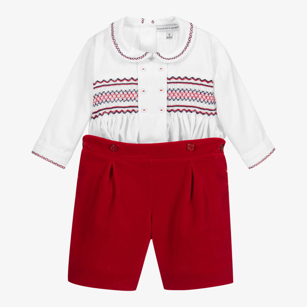 Beatrice & George - بدلة باستر مخمل مطرزة لون أحمر للأولاد  | Childrensalon
