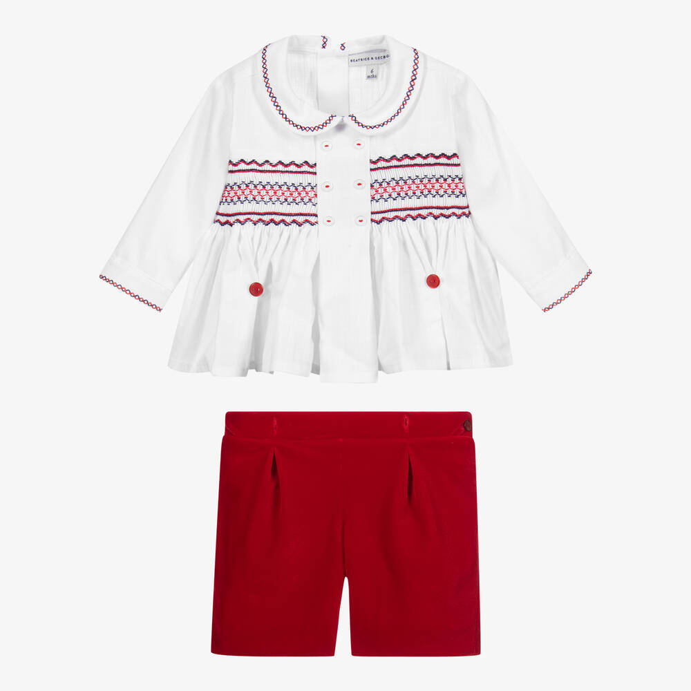 Beatrice & George-Красный летний костюм из бархата со сборками для мальчиков | Childrensalon Outlet