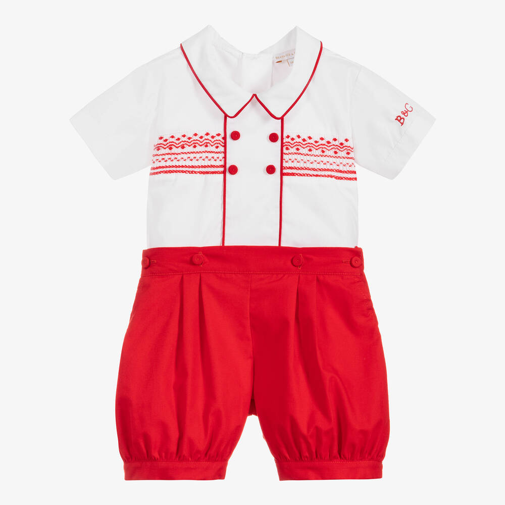 Beatrice & George - Boys Red & White Cotton Buster Suit | Childrensalon