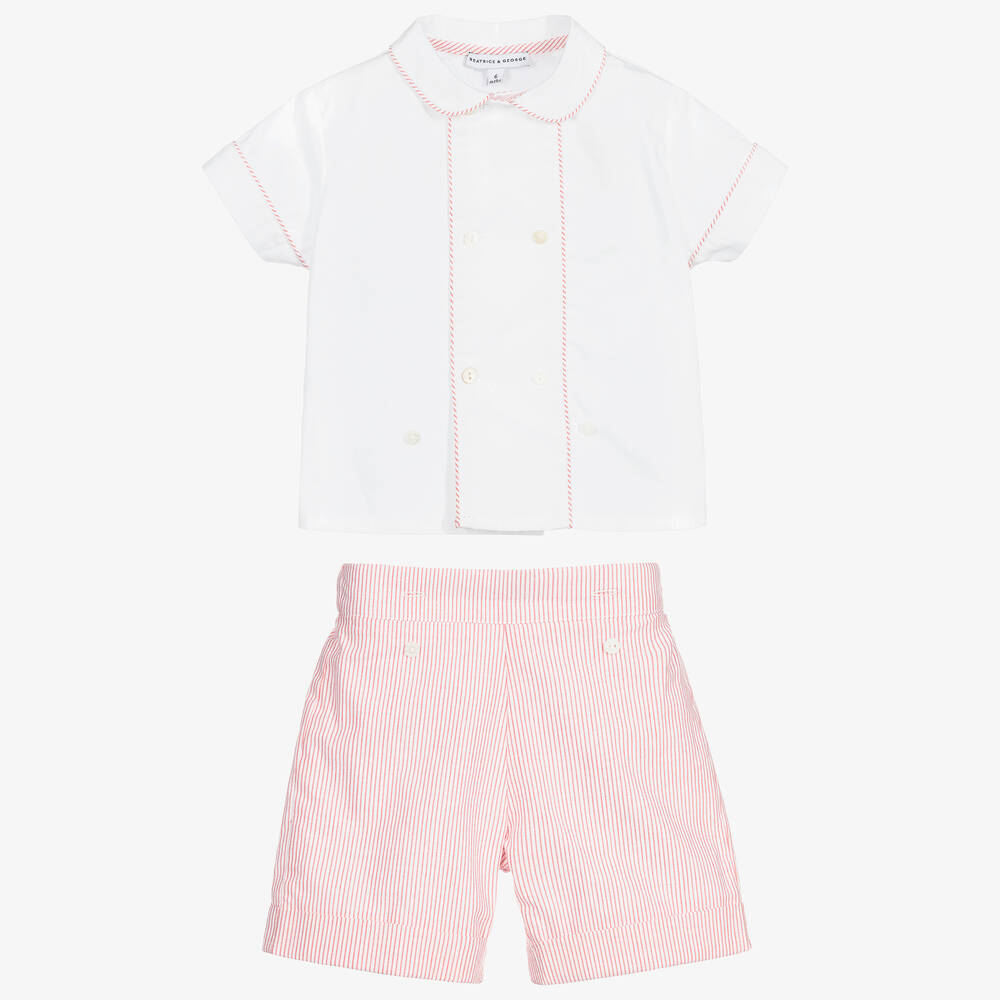 بياتريس آند جورج-بدلة باستر أولاد قطن لون أحمر وأبيض | Childrensalon Outlet