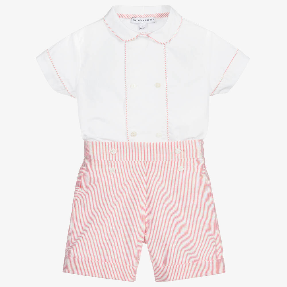 Beatrice & George - Boys Red & White Cotton Buster Suit | Childrensalon