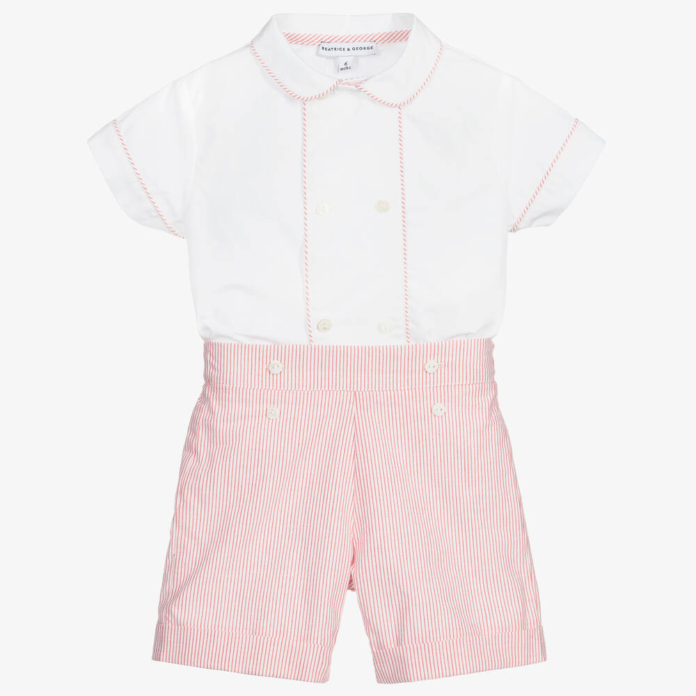 Beatrice & George-Boys Red & White Cotton Buster Suit | Childrensalon Outlet
