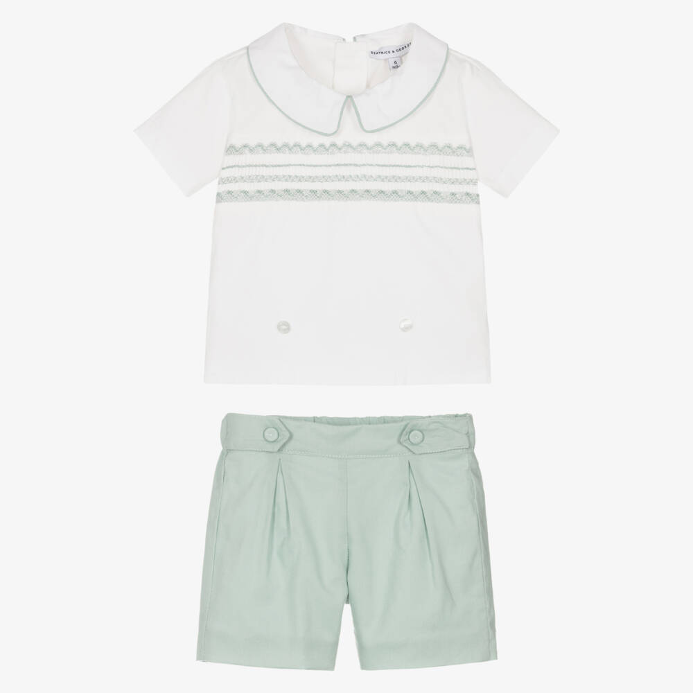 Beatrice & George-Boys Sage Hand-Smoked Cotton Set | Childrensalon Outlet