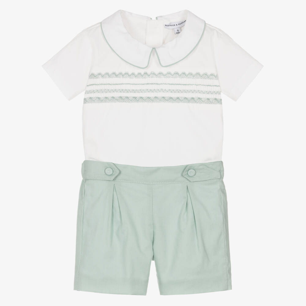Beatrice & George-Boys Sage Hand-Smoked Cotton Set | Childrensalon Outlet