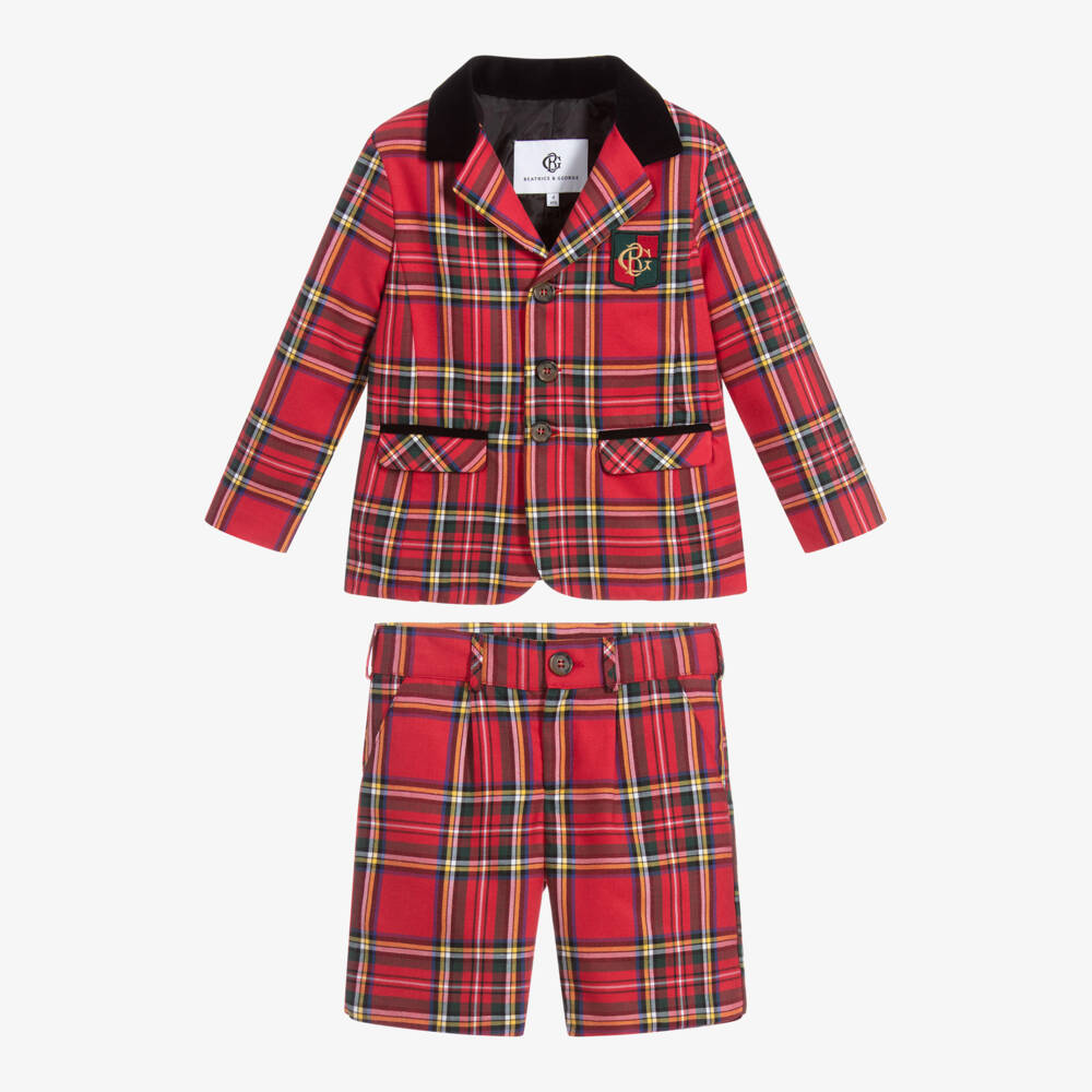 Beatrice & George-Красный костюм с шортами из шотландки для мальчиков | Childrensalon Outlet