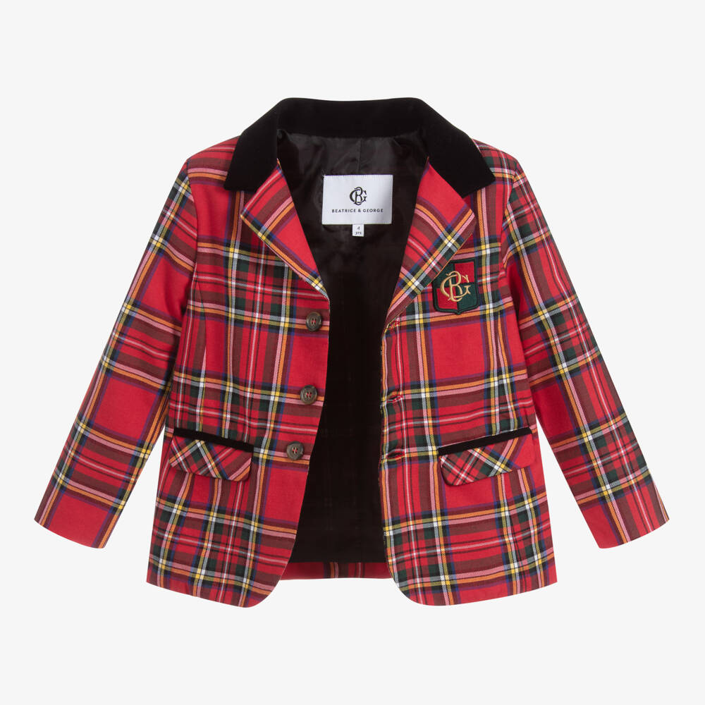 Beatrice & George-Красный костюм с шортами из шотландки для мальчиков | Childrensalon Outlet