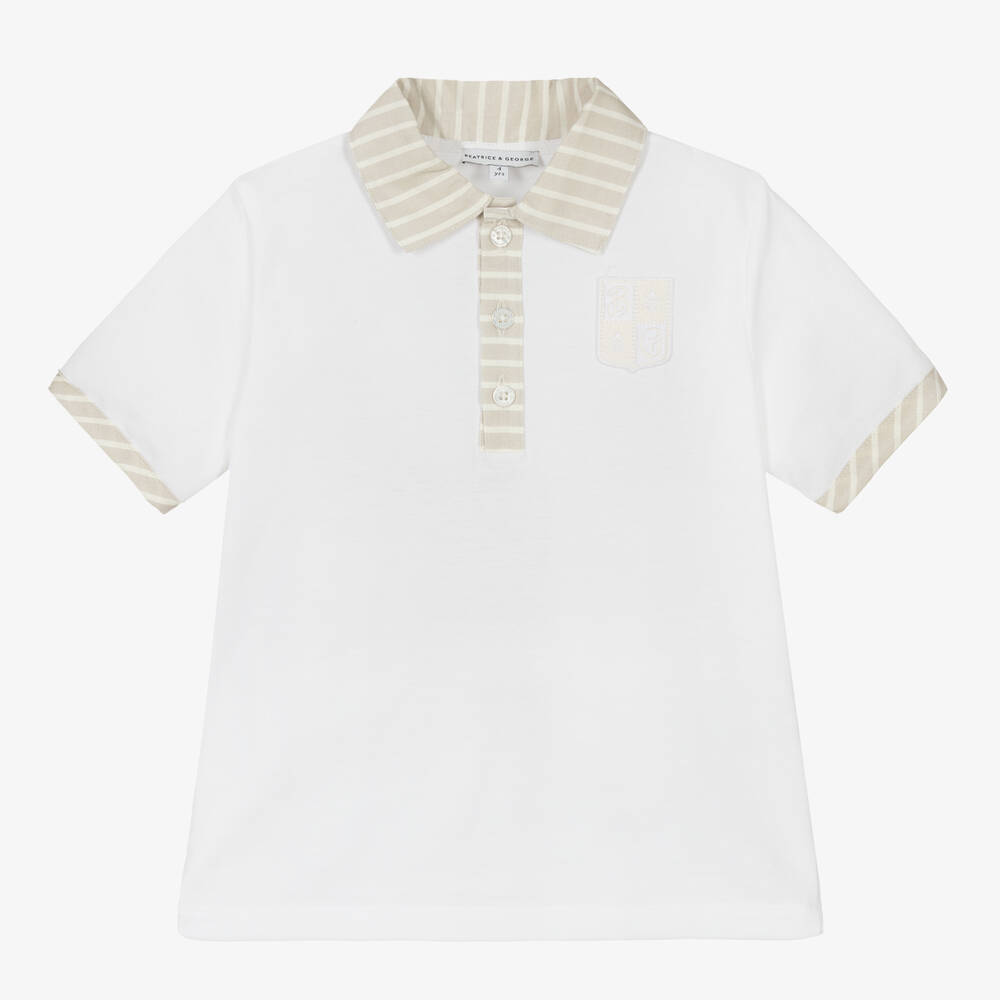 Beatrice & George-Boys White & Beige Cotton Polo Shirt | Childrensalon Outlet