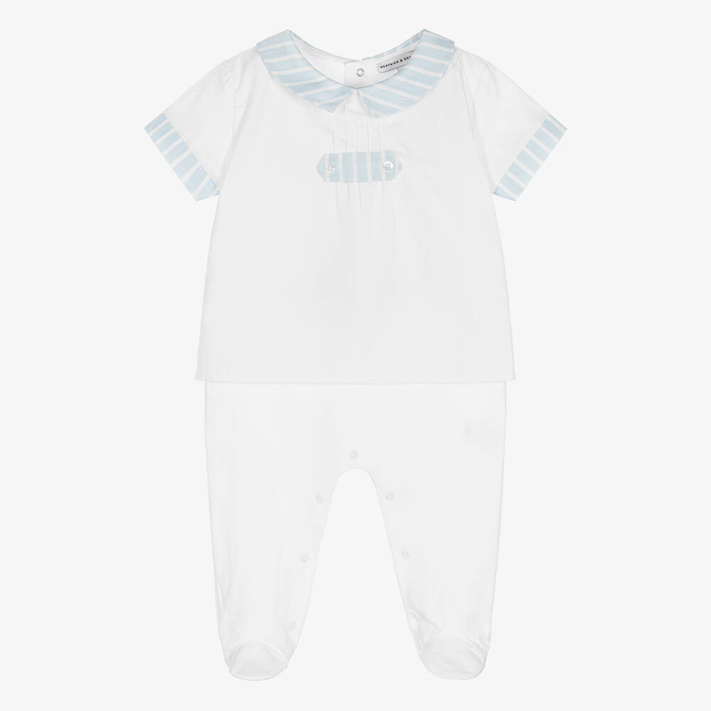 Beatrice & George-Boys White & Blue Cotton Babygrow  | Childrensalon Outlet
