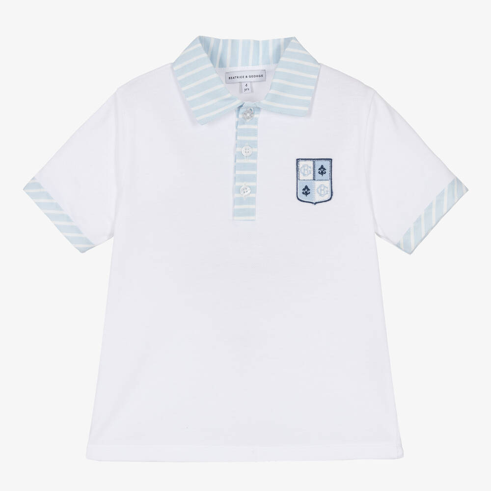 Beatrice & George-Boys White & Blue Cotton Polo Shirt | Childrensalon Outlet