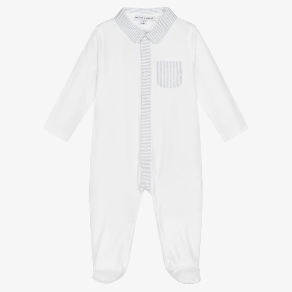 Beatrice & George - Boys White Cotton Babygrow | Childrensalon