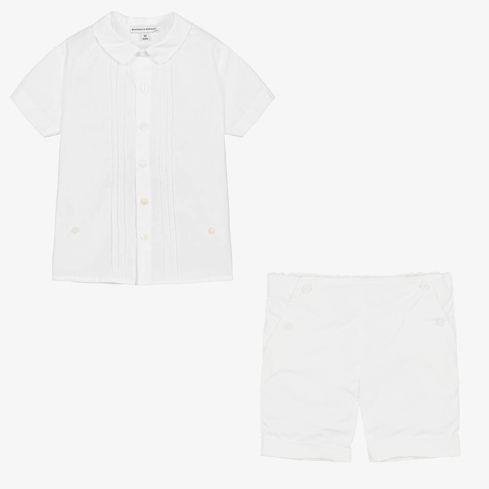 Beatrice & George-Boys White Cotton Buster Suit  | Childrensalon Outlet