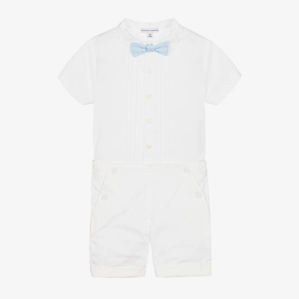 Beatrice & George - Boys White Cotton Buster Suit  | Childrensalon