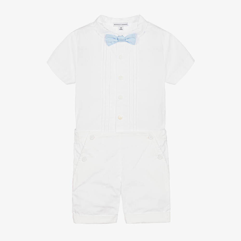 Beatrice & George-Boys White Cotton Buster Suit  | Childrensalon Outlet