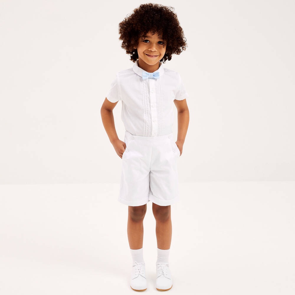 Beatrice & George-Boys White Cotton Buster Suit  | Childrensalon Outlet