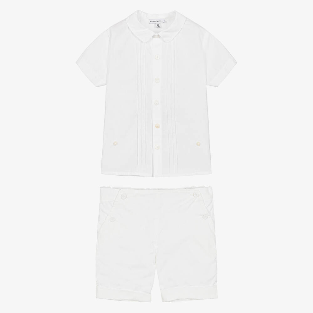 Beatrice & George-Boys White Cotton Buster Suit | Childrensalon Outlet