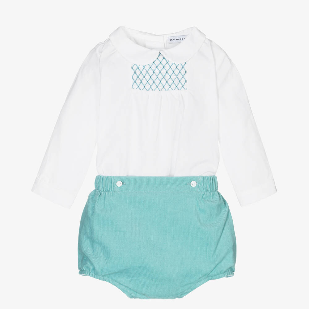 Beatrice & George - Boys White & Green Smocked Buster Suit | Childrensalon