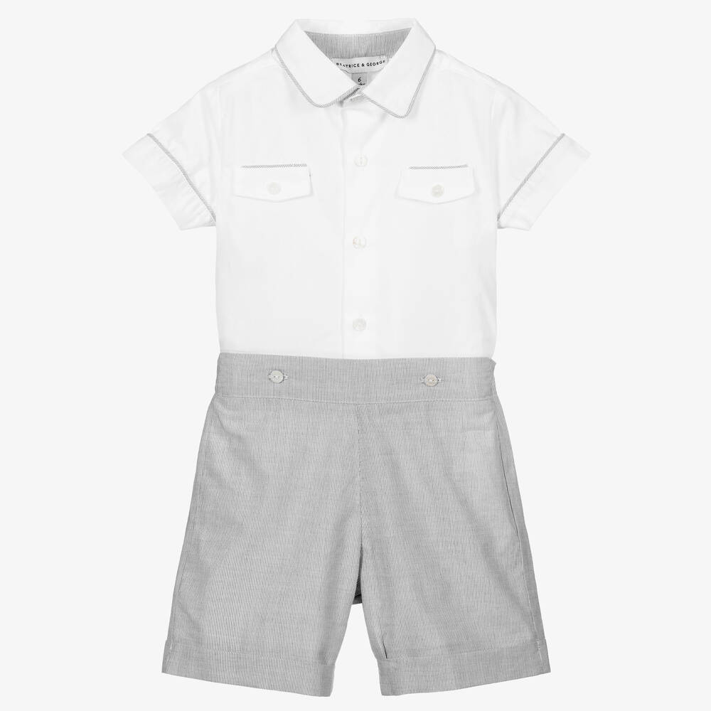 Beatrice & George - Boys White & Grey Cotton Buster Suit | Childrensalon