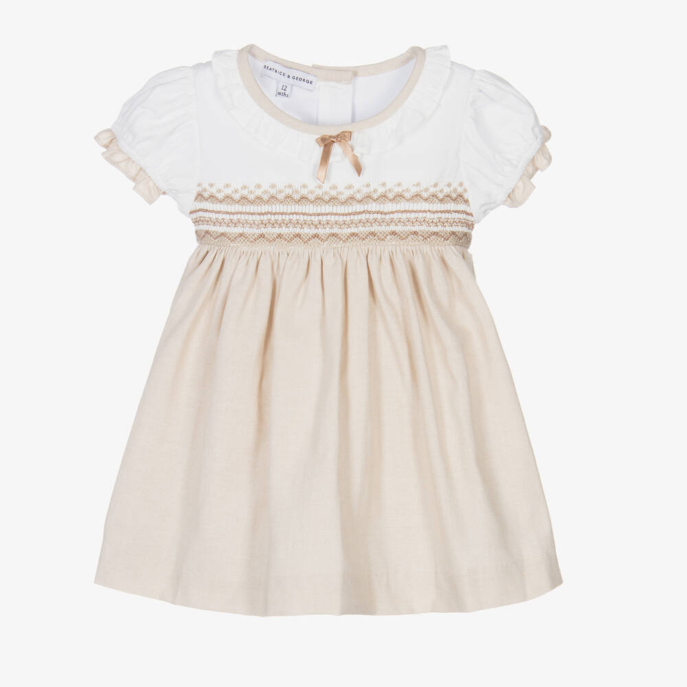 Beatrice & George - Girls Beige Hand-Smocked Cotton Dress  | Childrensalon