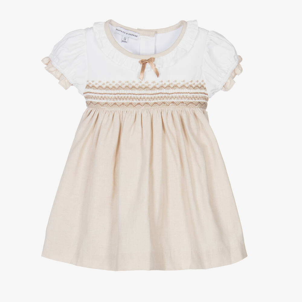 Beatrice & George-Girls Beige Hand-Smocked Cotton Dress  | Childrensalon Outlet